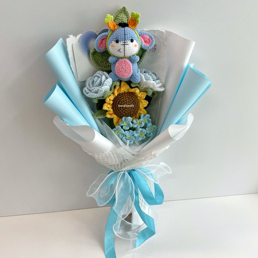 handicroft handmade crochet donkey pastel flower bouquet the rainy-day friend's pastel moments blue
