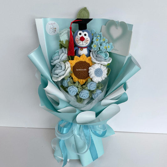 handicroft handmade crochet doraemon pastel blue flower bouquet doraemon dream graduation edition