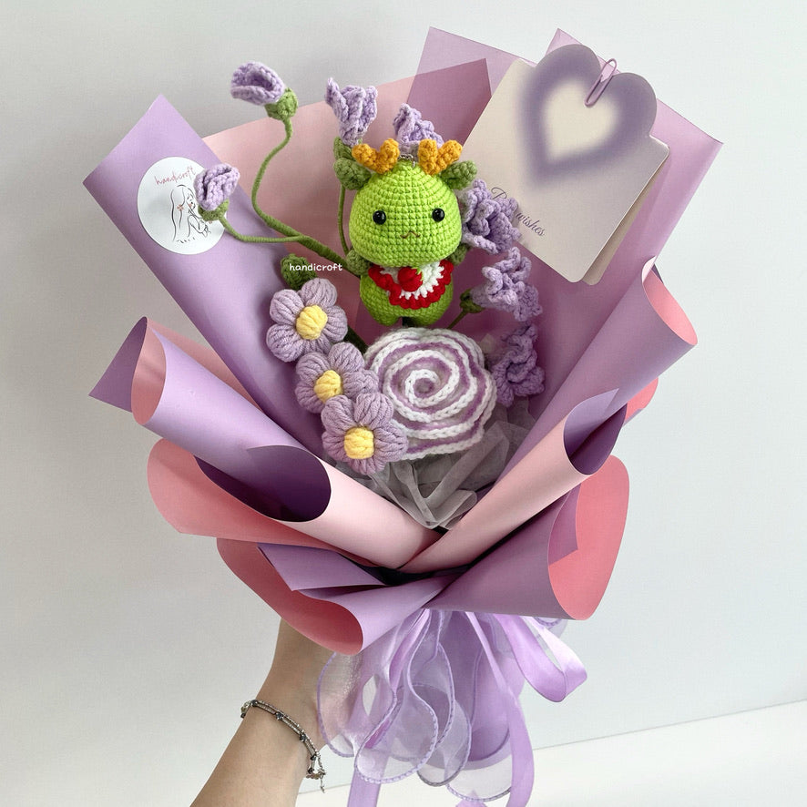 handicroft handmade crochet dragon flower bouquet dragon in bloom