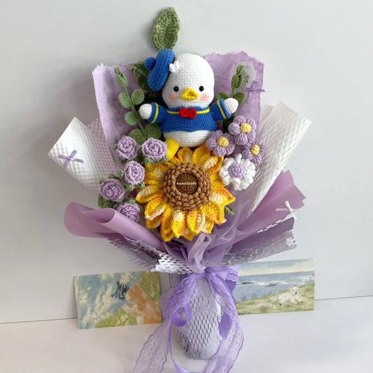 handicroft handmade crochet duck sunflower bouquet sunny sailor purple