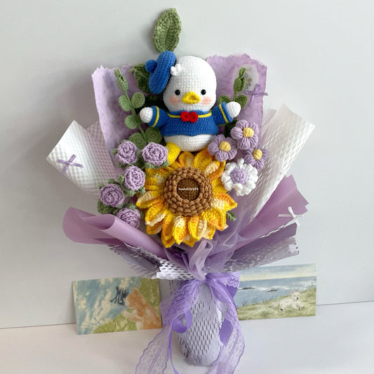 handicroft handmade crochet duck sunflower bouquet sunny sailor purple