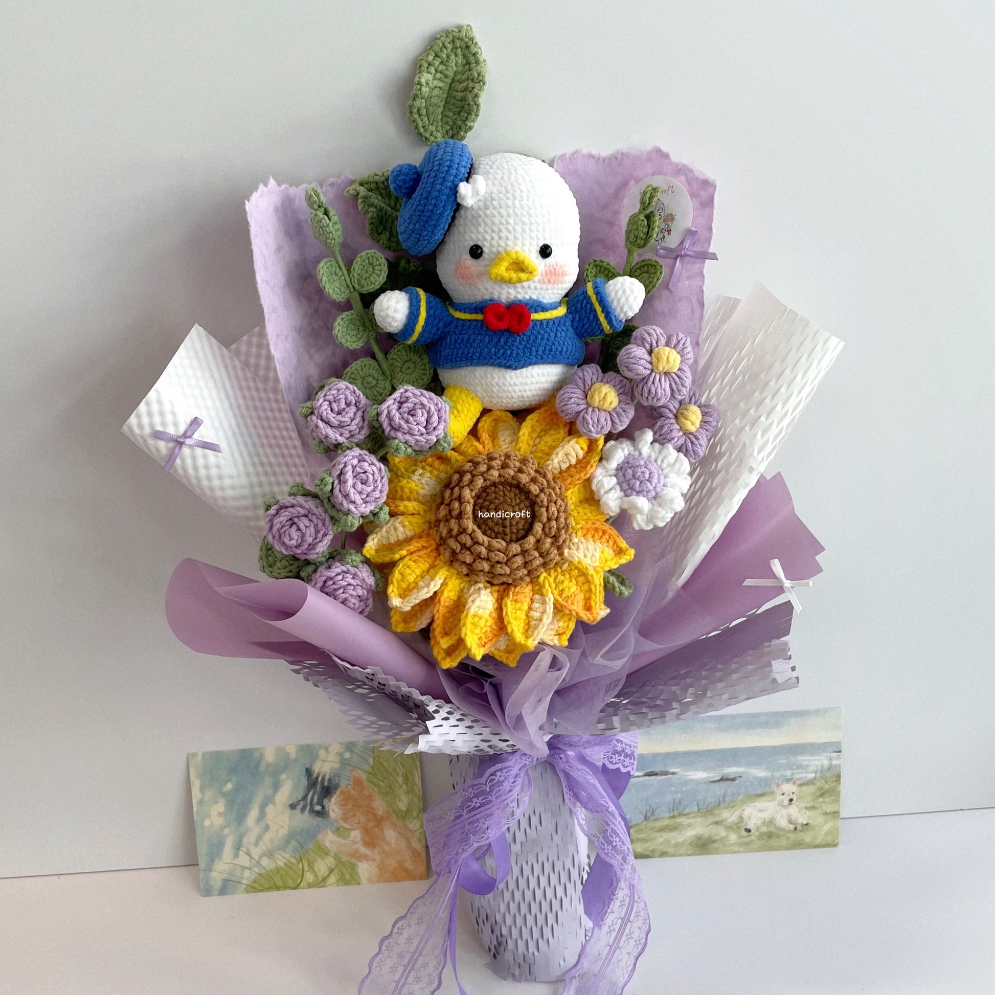 handicroft handmade crochet duck sunflower bouquet sunny sailor purple