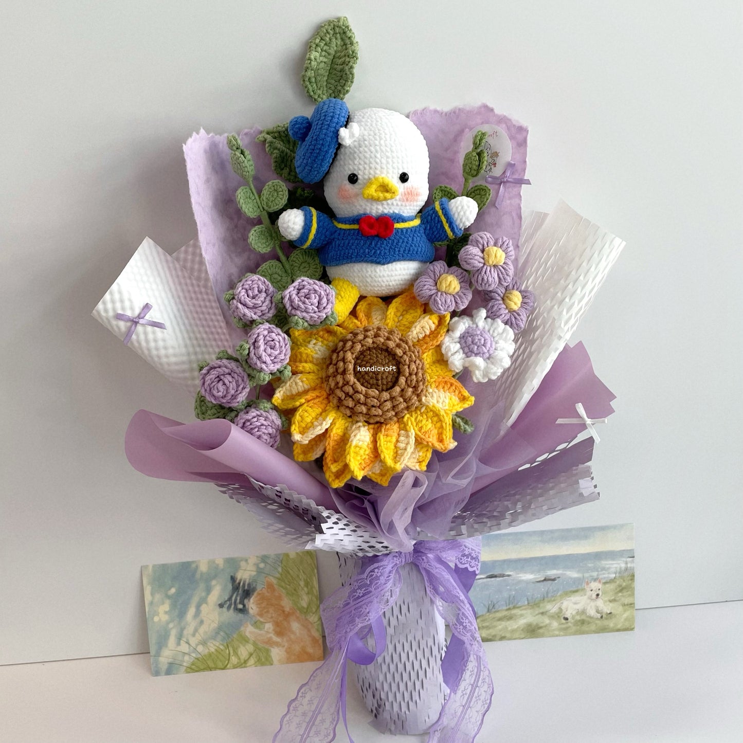 handicroft handmade crochet duck sunflower bouquet sunny sailor purple