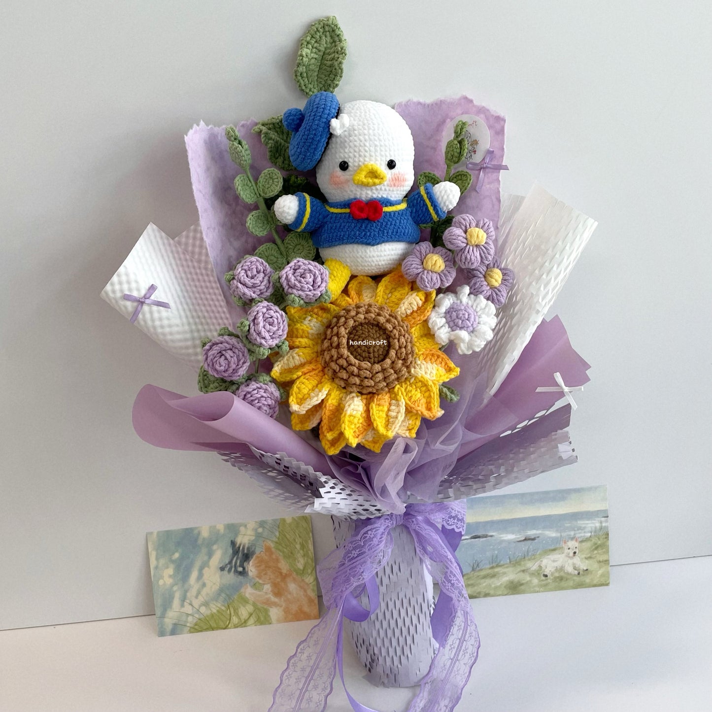 handicroft handmade crochet duck sunflower bouquet sunny sailor purple