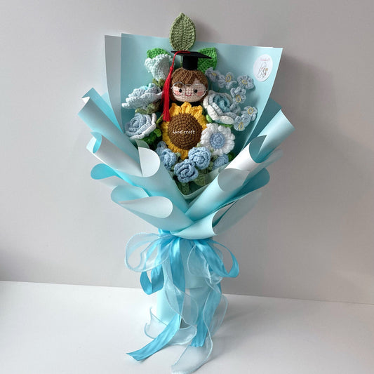 handicroft handmade crochet everlasting light pastel blue graduation flower bouquet clouds of hope