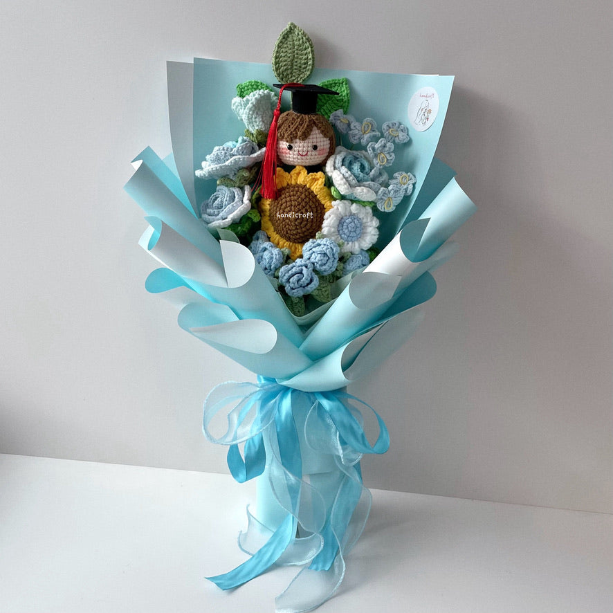 handicroft handmade crochet everlasting light pastel blue graduation flower bouquet clouds of hope