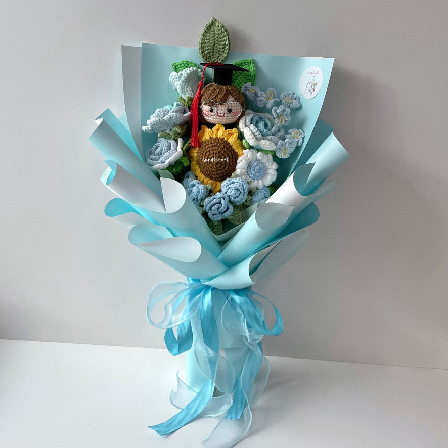 handicroft handmade crochet everlasting light pastel blue graduation flower bouquet clouds of hope