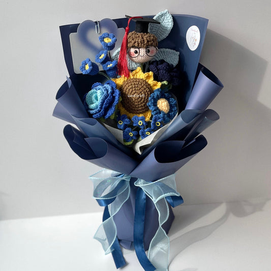 handicroft handmade crochet everlasting navy dark blue graduation flower bouquet graduate galaxy