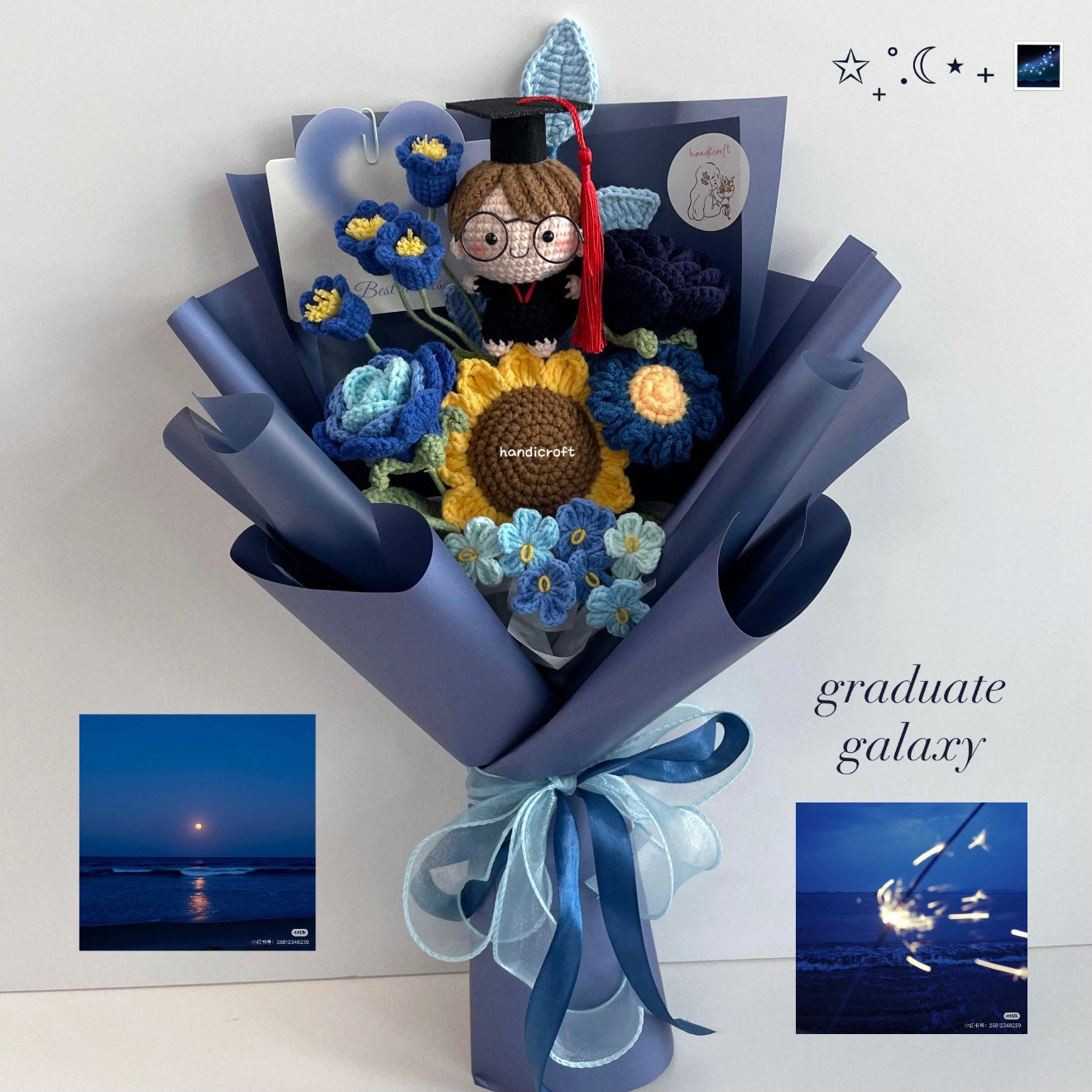 handicroft handmade crochet everlasting navy dark blue graduation flower bouquet graduate galaxy
