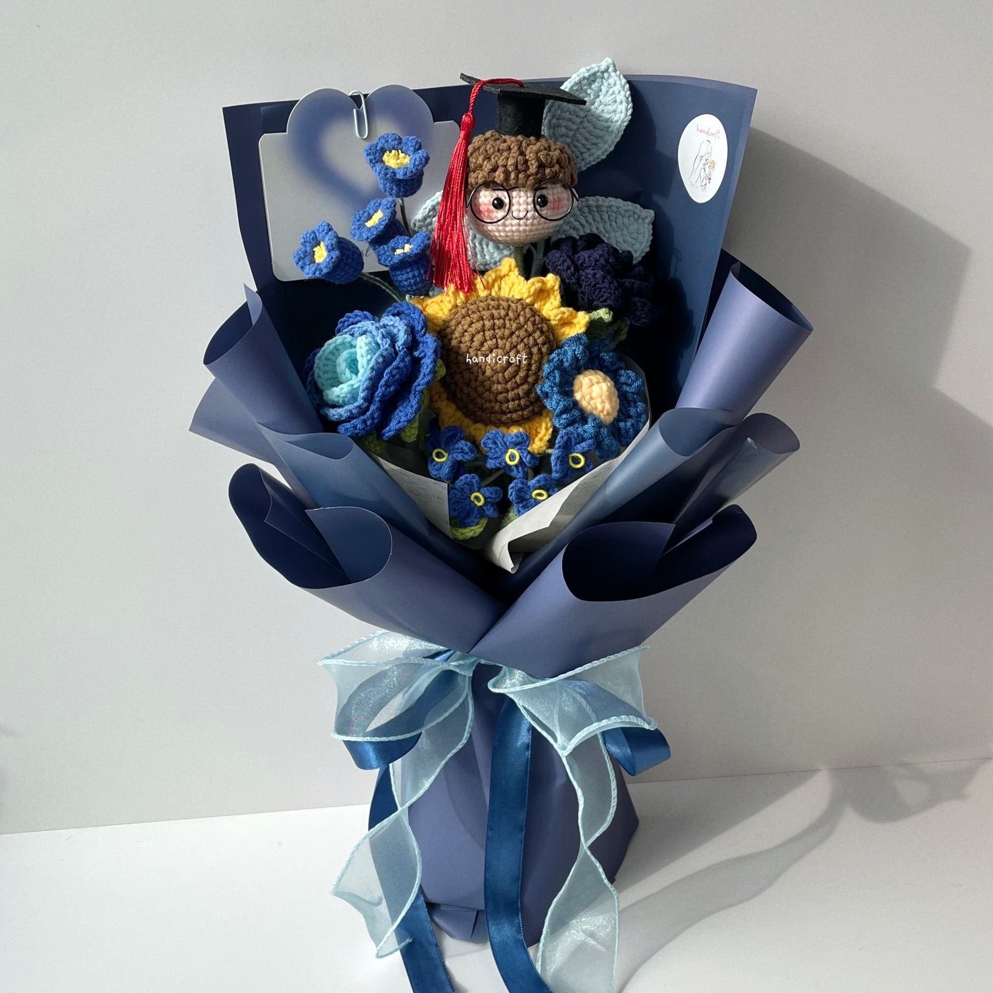 handicroft handmade crochet everlasting navy dark blue graduation flower bouquet graduate galaxy
