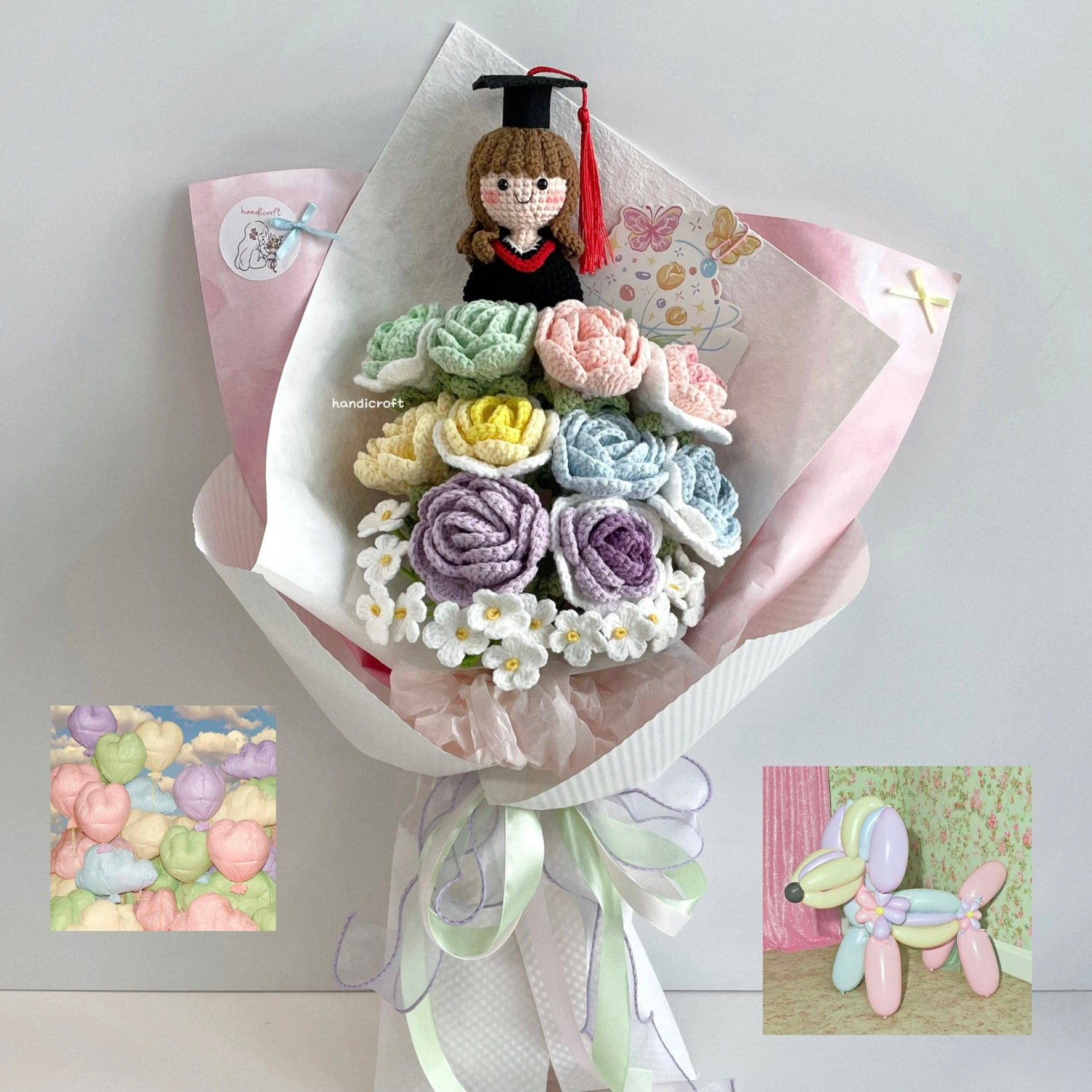 handicroft handmade crochet everlasting pastel graduation flower bouquet pastel possibilities