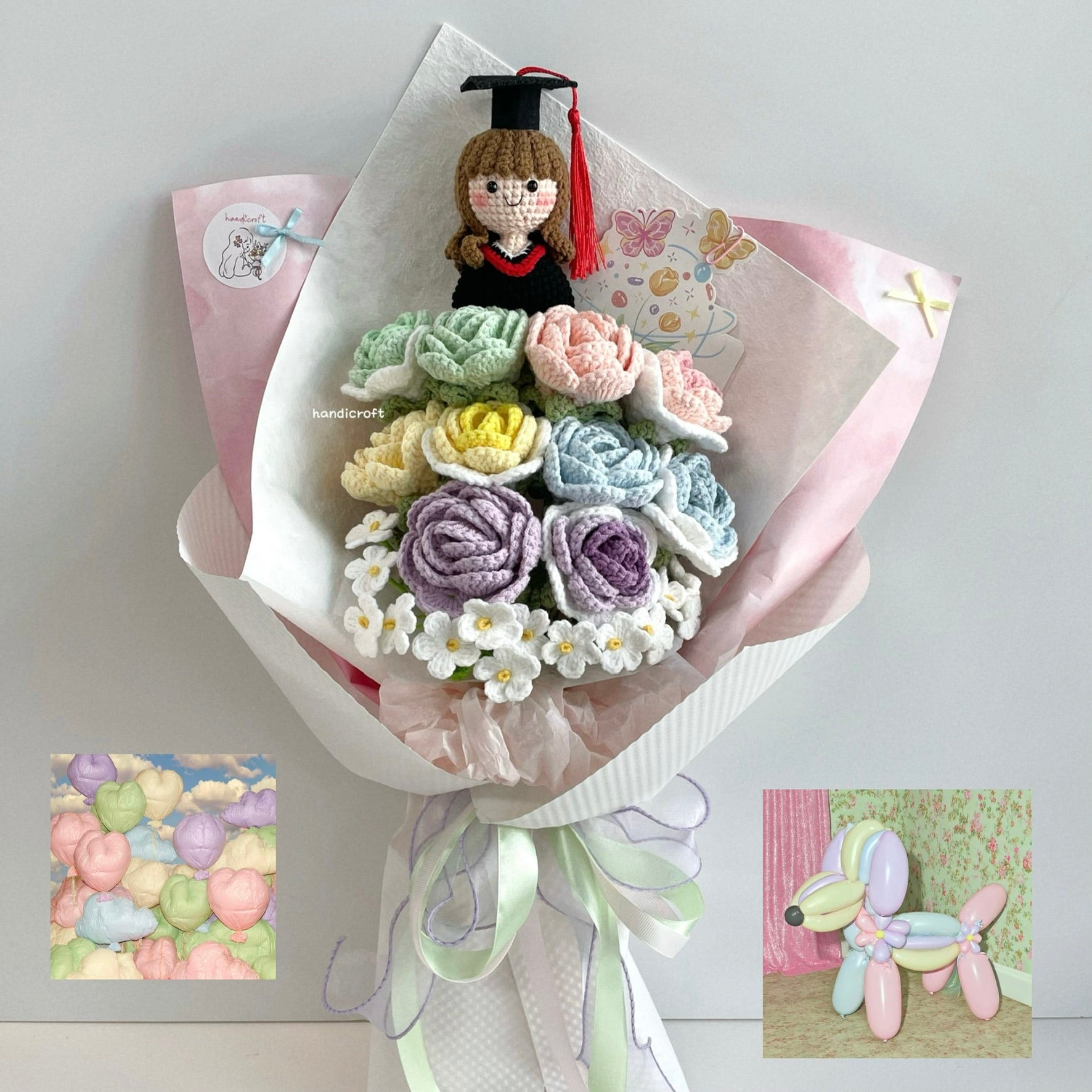 handicroft handmade crochet everlasting pastel graduation flower bouquet pastel possibilities