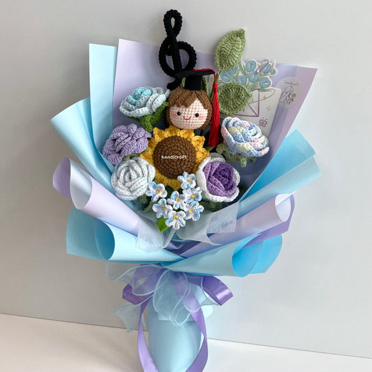 handicroft handmade crochet everlasting pastel light blue purple graduation flower bouquet blooming breeze