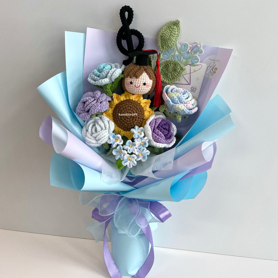 handicroft handmade crochet everlasting pastel light blue purple graduation flower bouquet blooming breeze