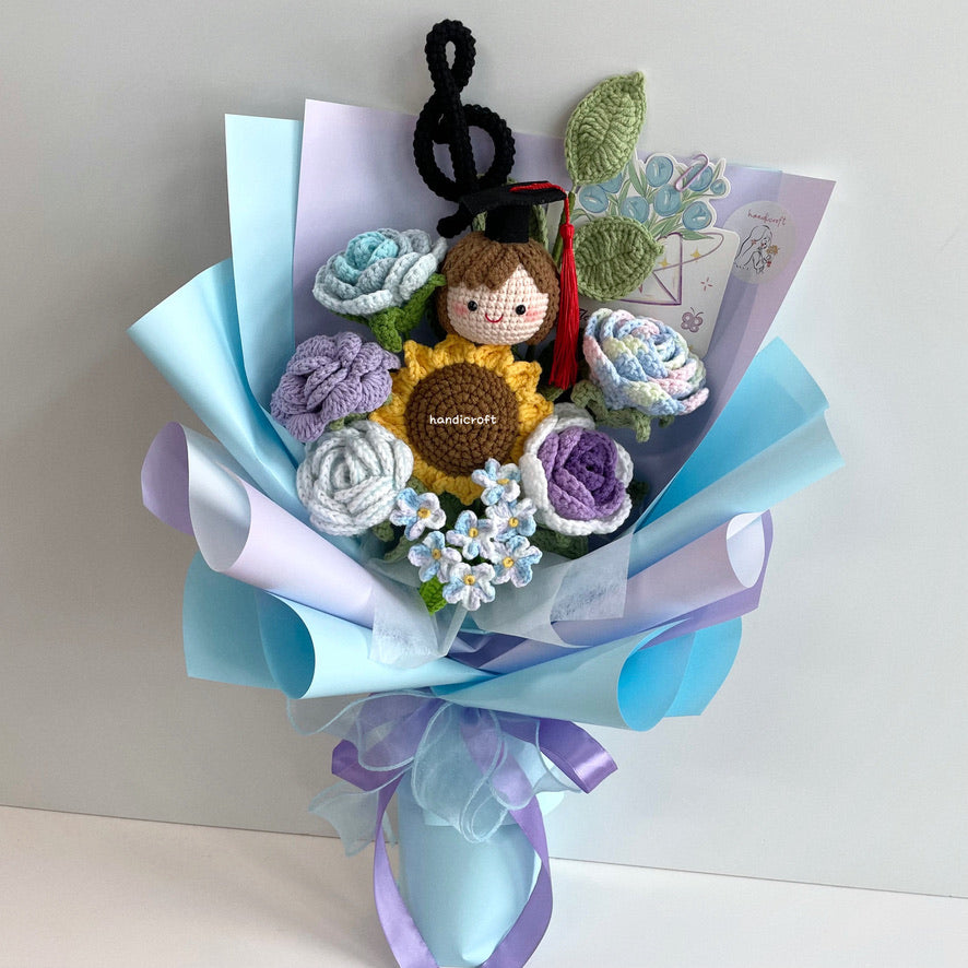 handicroft handmade crochet everlasting pastel light blue purple graduation flower bouquet blooming breeze
