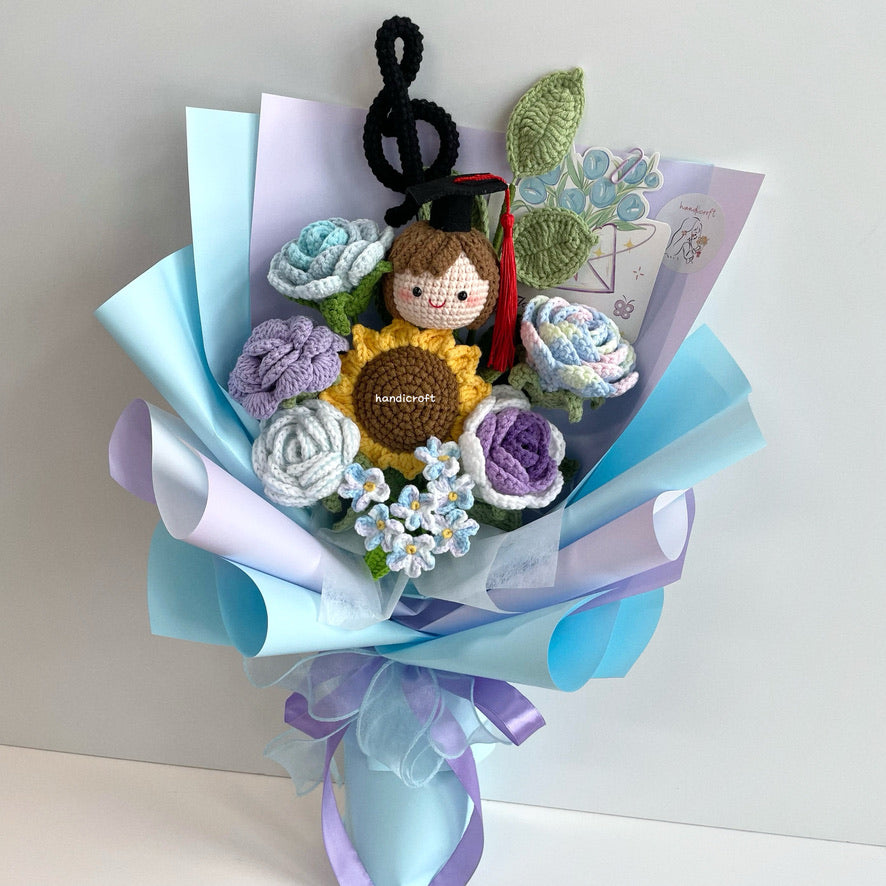 handicroft handmade crochet everlasting pastel light blue purple graduation flower bouquet blooming breeze