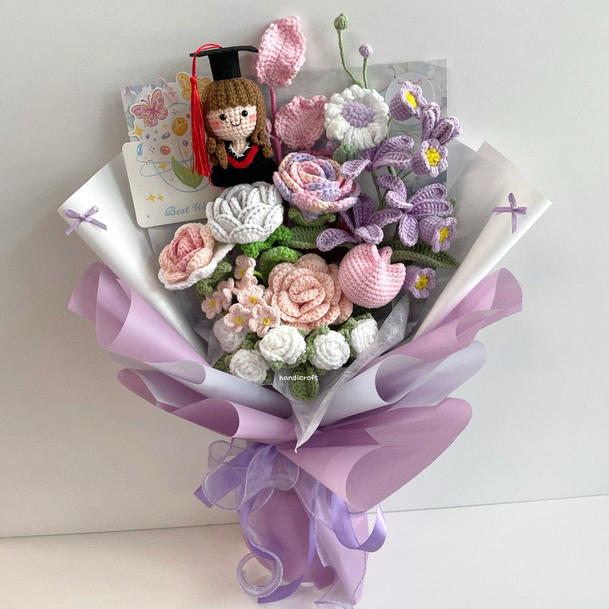 handicroft handmade crochet everlasting pink purple graduation flower bouquet a dream chapter