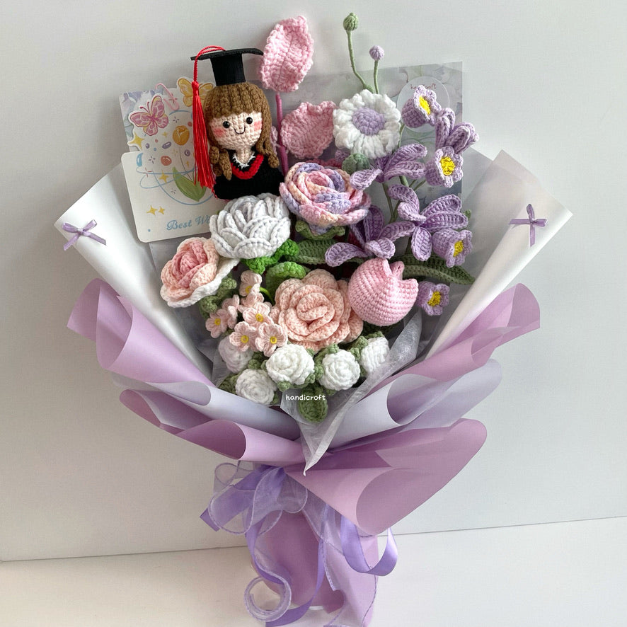 handicroft handmade crochet everlasting pink purple graduation flower bouquet a dream chapter