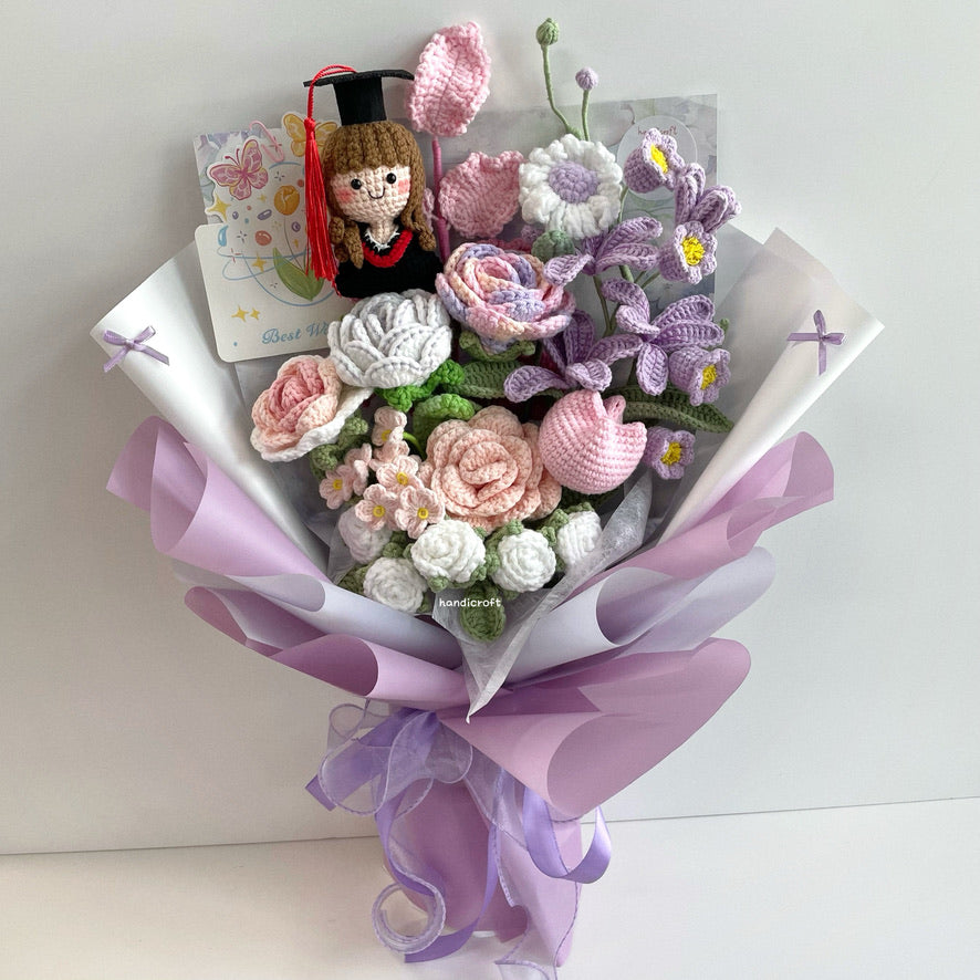 handicroft handmade crochet everlasting pink purple graduation flower bouquet a dream chapter