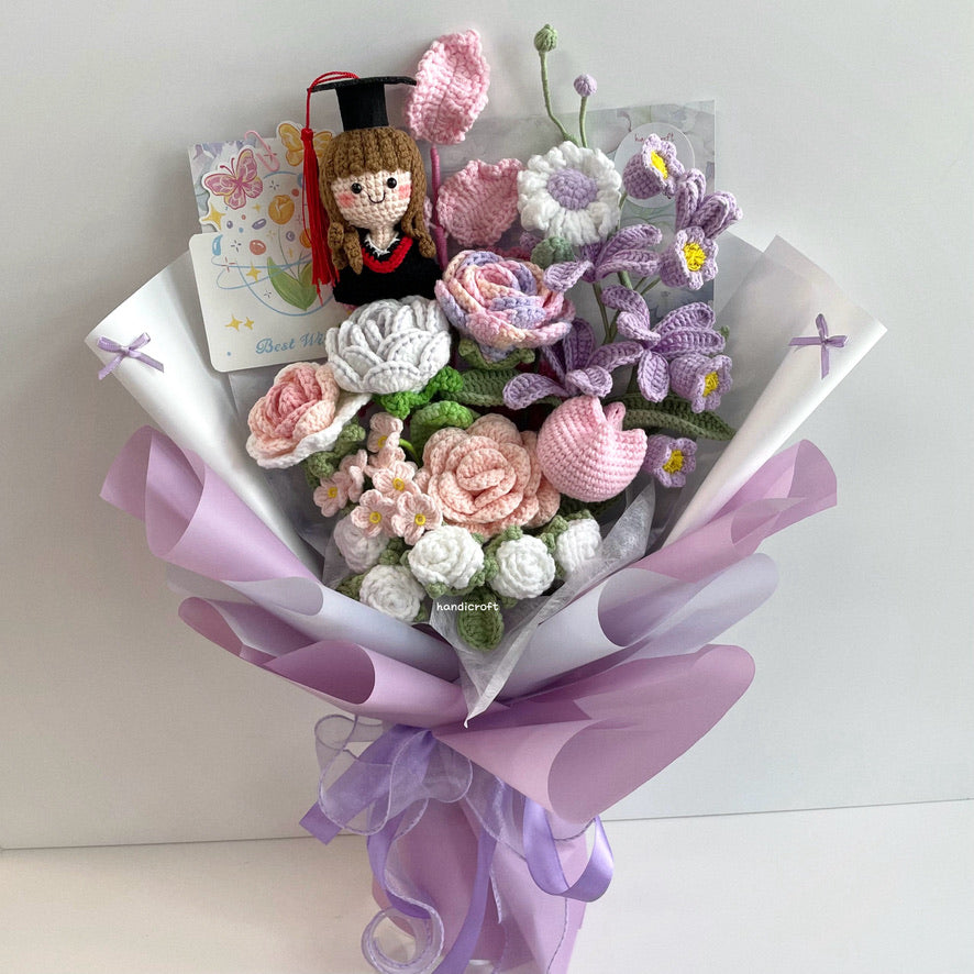 handicroft handmade crochet everlasting pink purple graduation flower bouquet a dream chapter