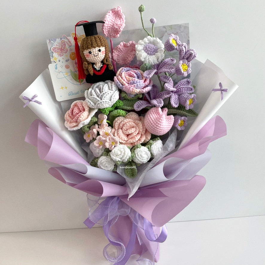 handicroft handmade crochet everlasting pink purple graduation flower bouquet a dream chapter