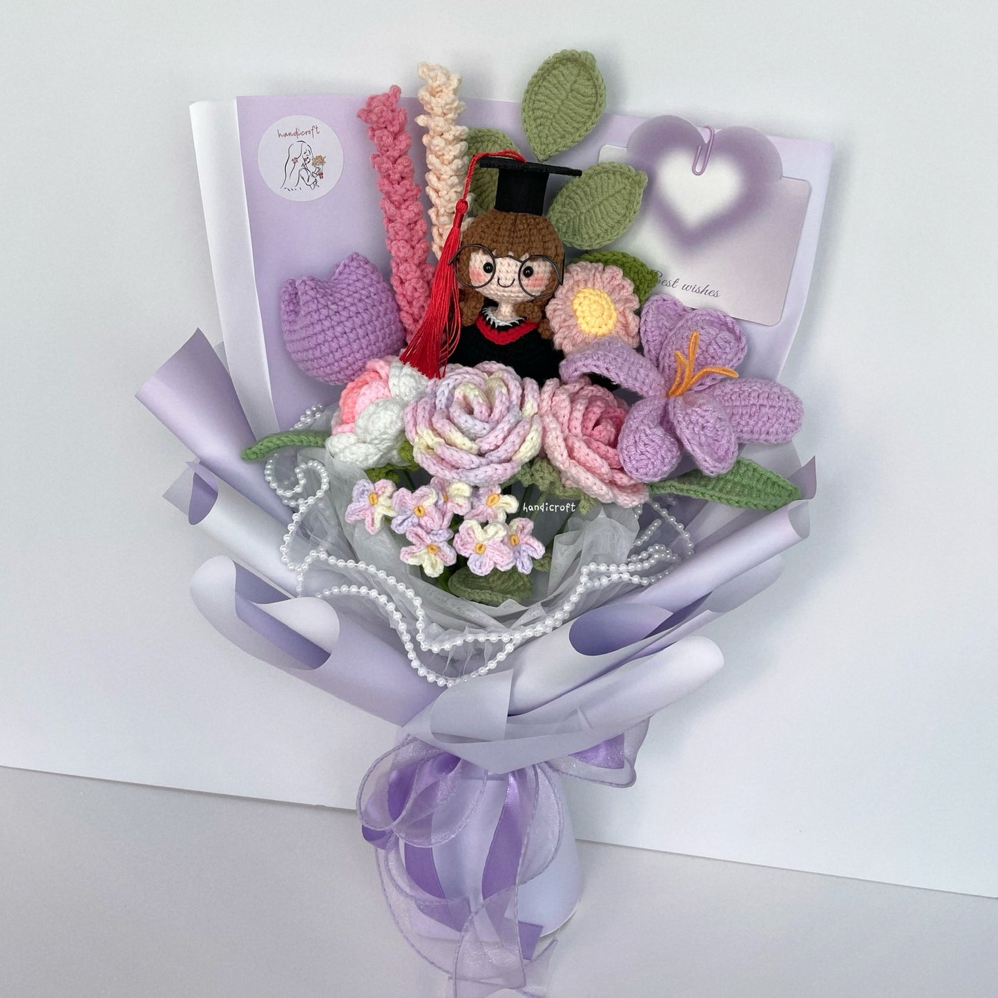handicroft handmade crochet everlasting pink purple graduation flower bouquet mixed petal triumph