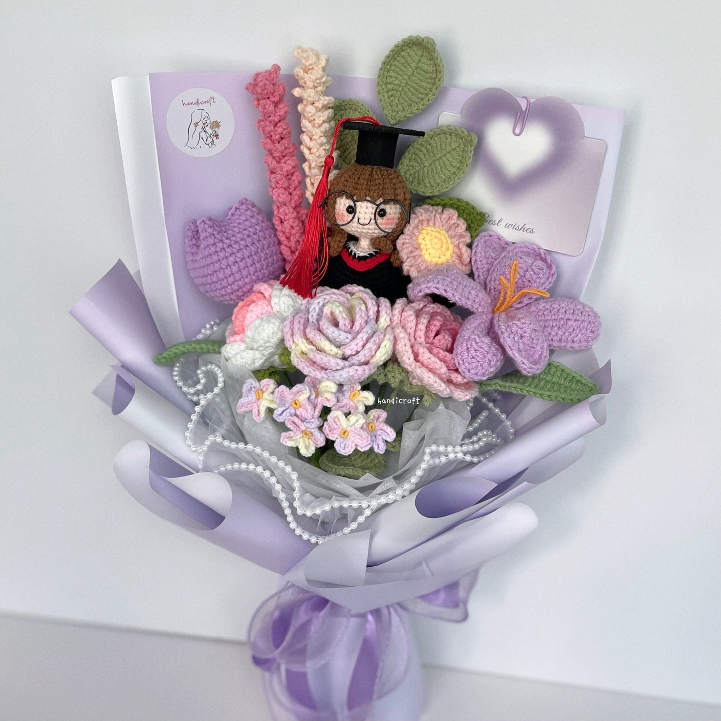 handicroft handmade crochet everlasting pink purple graduation flower bouquet mixed petal triumph