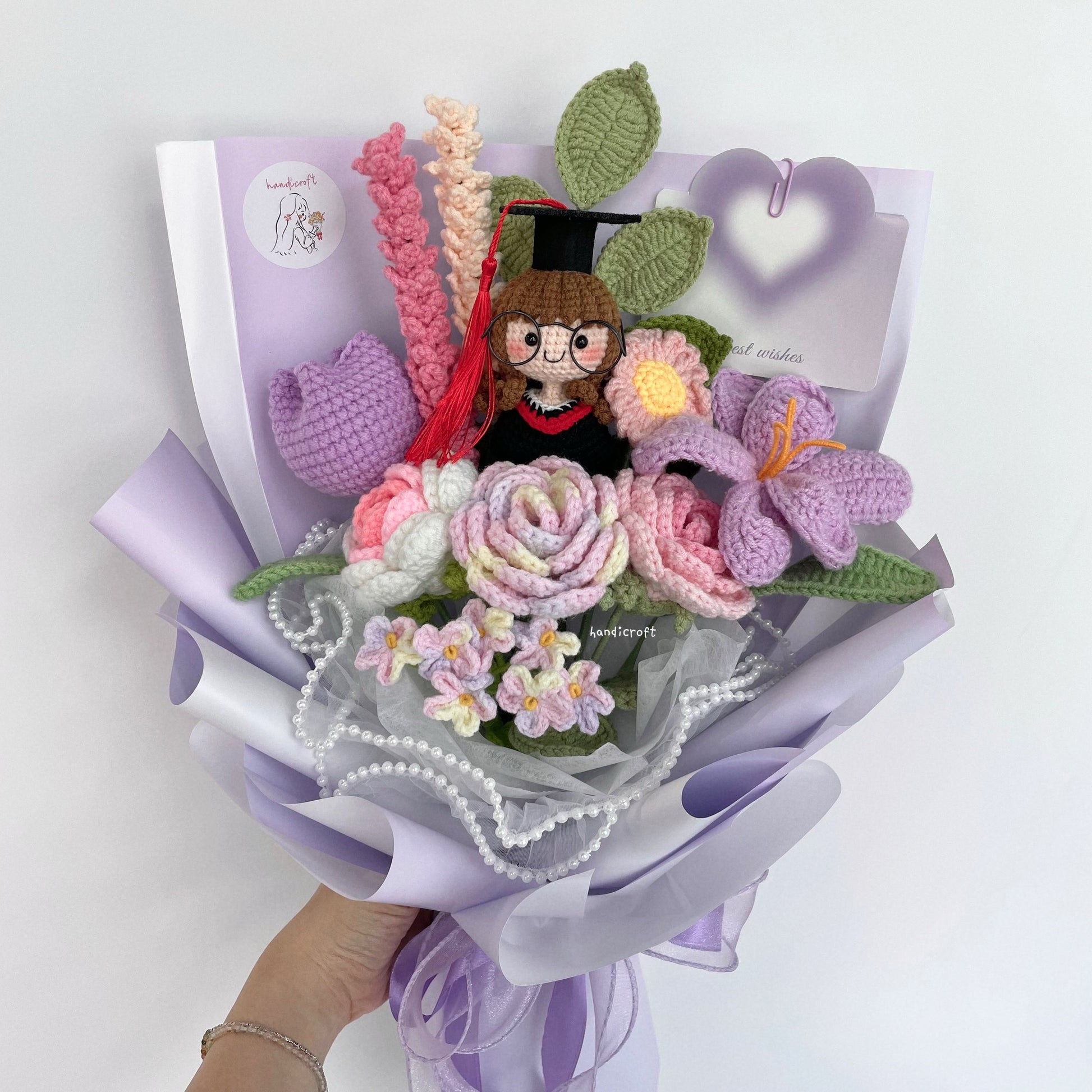 handicroft handmade crochet everlasting pink purple graduation flower bouquet mixed petal triumph