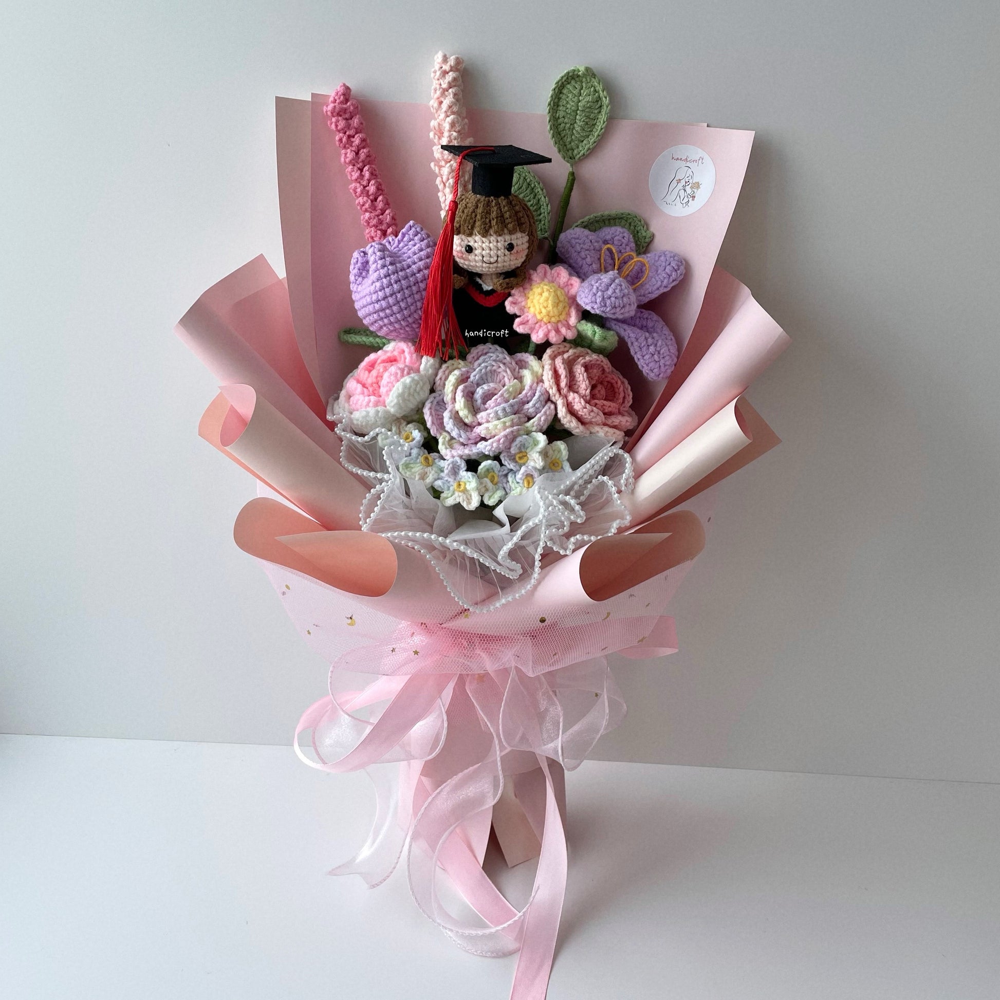 handicroft handmade crochet everlasting pink purple graduation flower bouquet mixed petal triumph