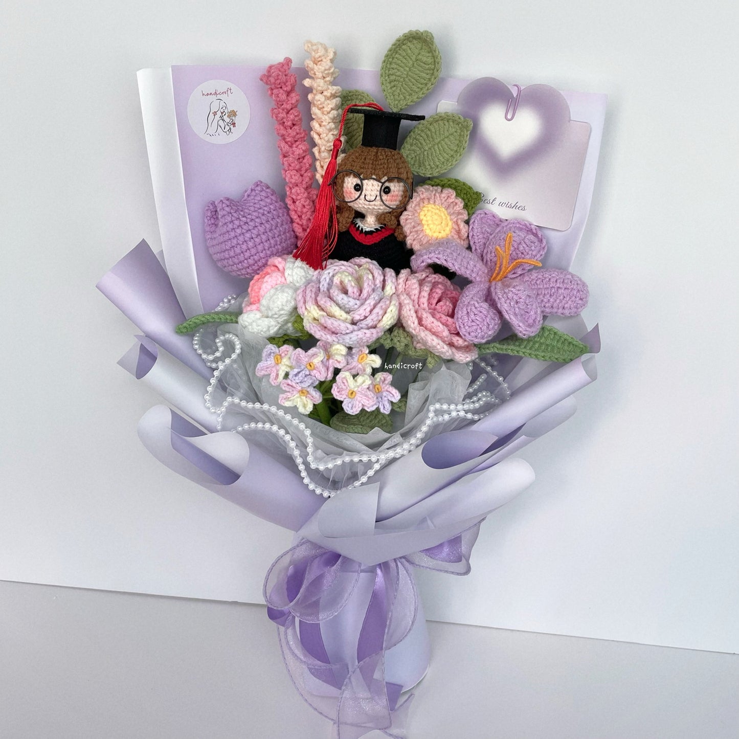 handicroft handmade crochet everlasting pink purple graduation flower bouquet mixed petal triumph