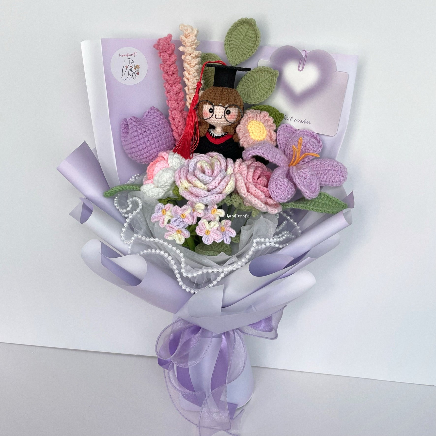 handicroft handmade crochet everlasting pink purple graduation flower bouquet mixed petal triumph