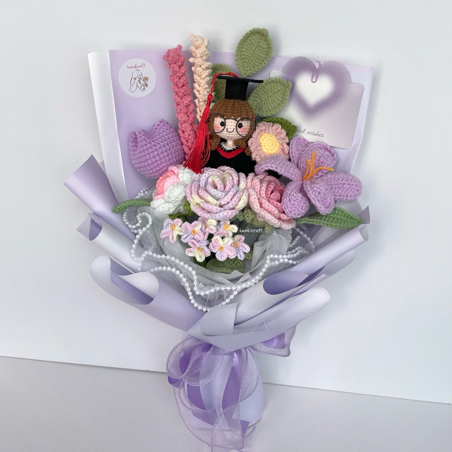 handicroft handmade crochet everlasting pink purple graduation flower bouquet mixed petal triumph