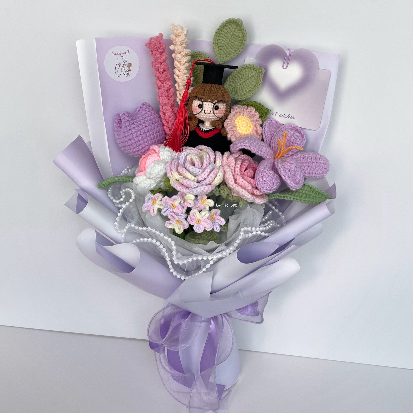 handicroft handmade crochet everlasting pink purple graduation flower bouquet mixed petal triumph