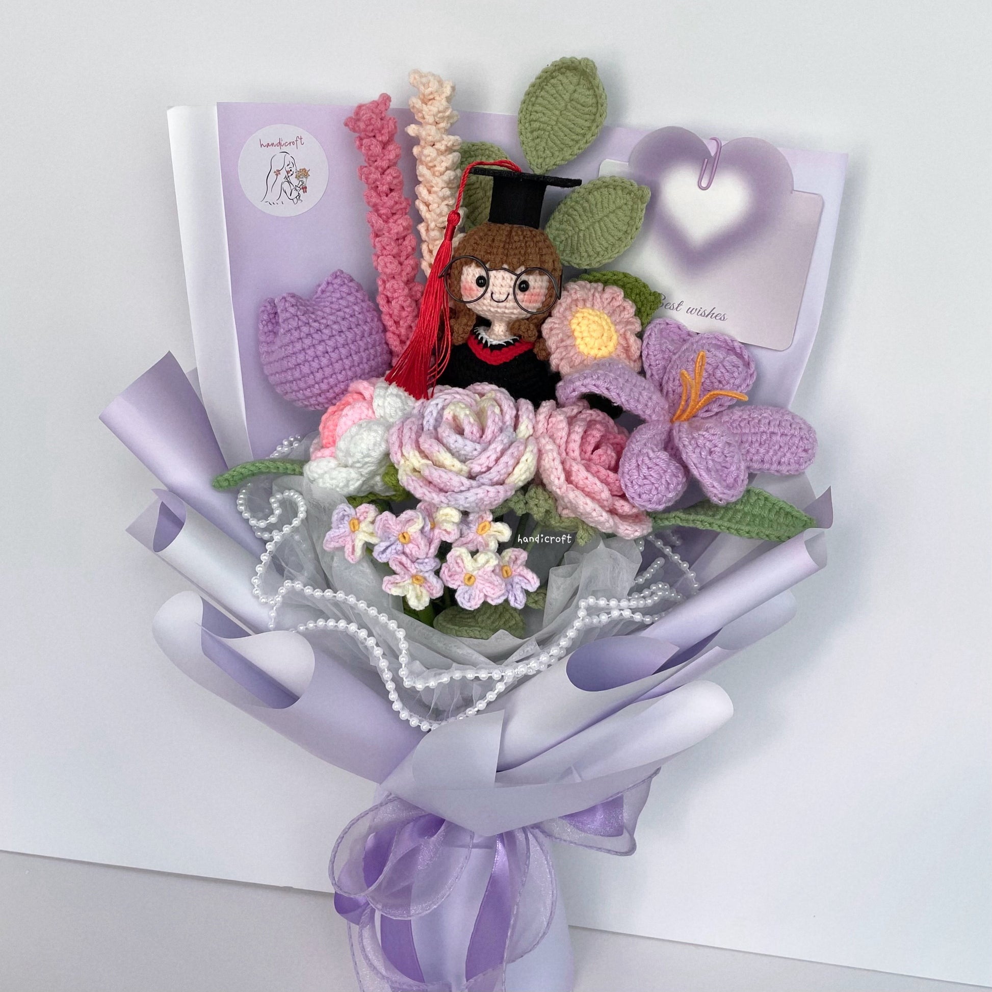 handicroft handmade crochet everlasting pink purple graduation flower bouquet mixed petal triumph