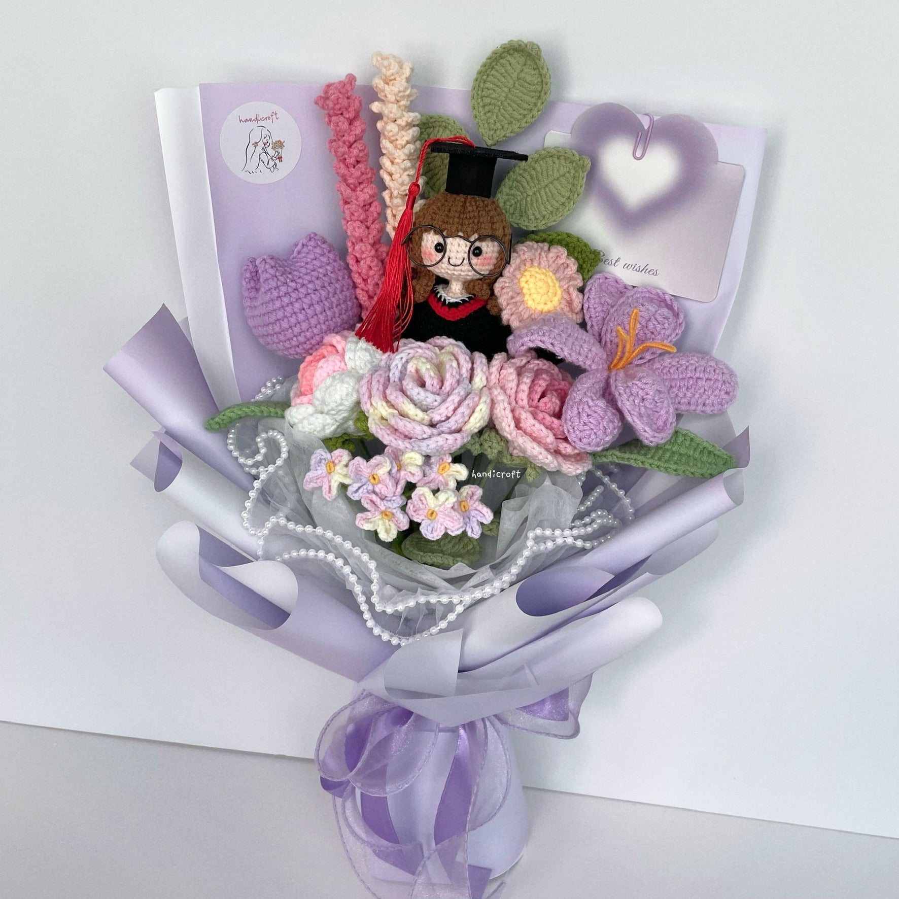 handicroft handmade crochet everlasting pink purple graduation flower bouquet mixed petal triumph