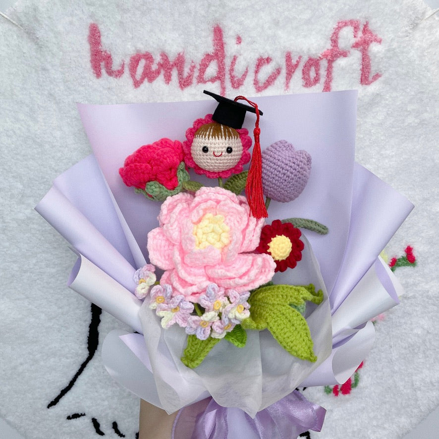 handicroft handmade crochet everlasting pink purple graduation flower bouquet pastel peony petals
