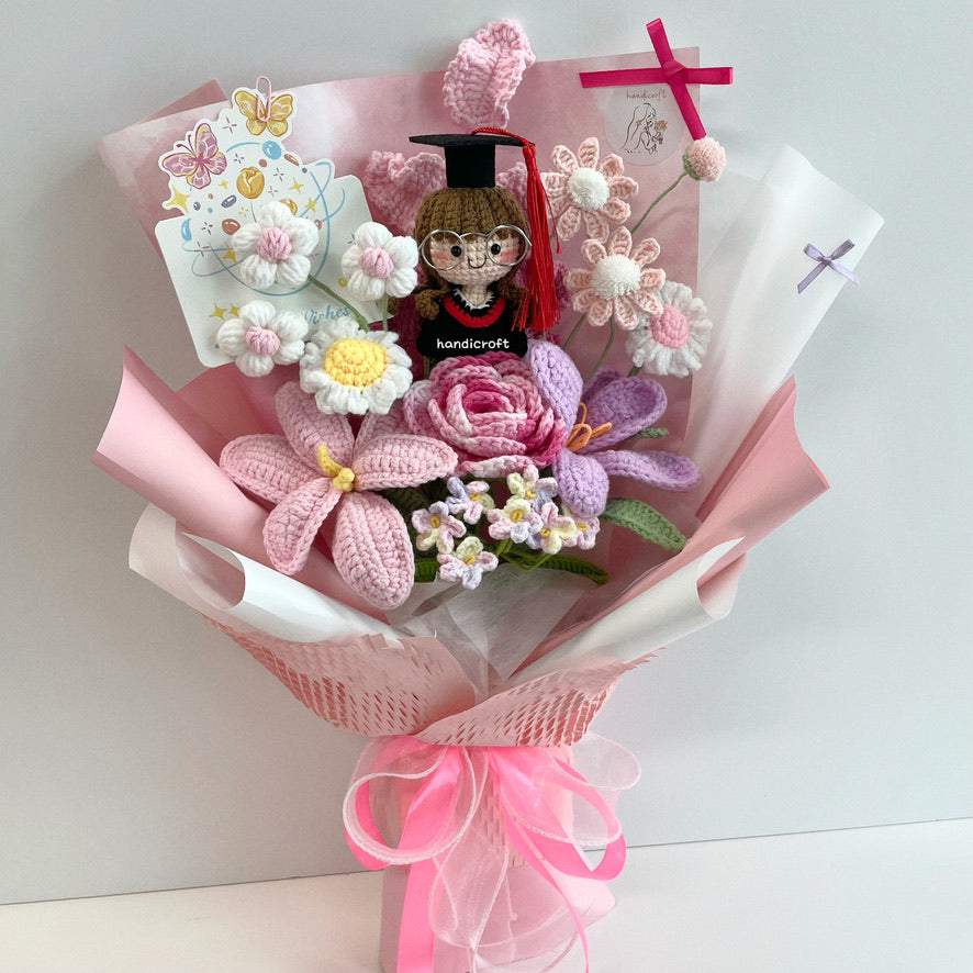 handicroft handmade crochet everlasting pink purple graduation flower bouquet rosy milestone