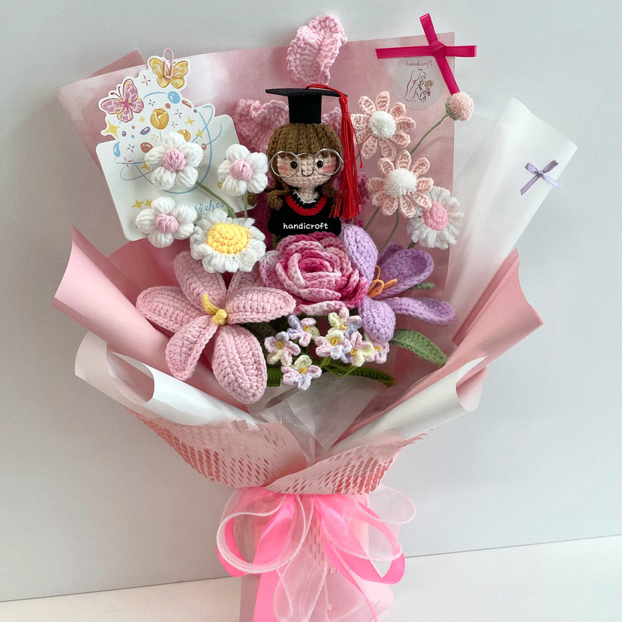 handicroft handmade crochet everlasting pink purple graduation flower bouquet rosy milestone