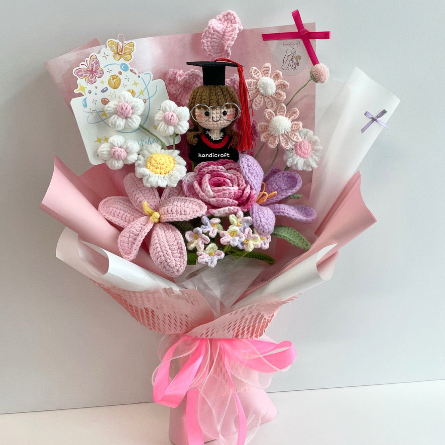 handicroft handmade crochet everlasting pink purple graduation flower bouquet rosy milestone