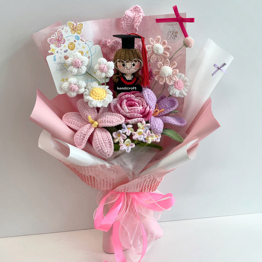 handicroft handmade crochet everlasting pink purple graduation flower bouquet rosy milestone