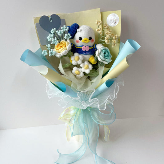 handicroft handmade crochet flower bouquet blue and yellow donald duck chubby charm
