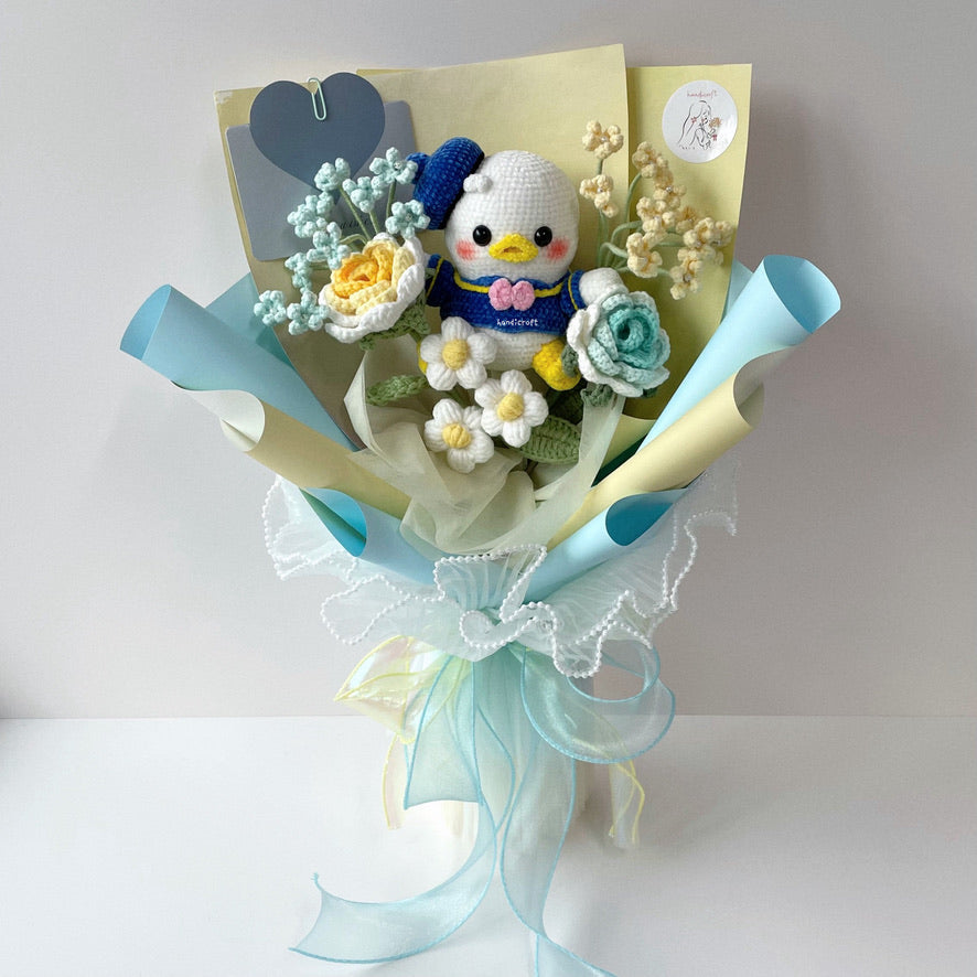 handicroft handmade crochet flower bouquet blue and yellow donald duck chubby charm
