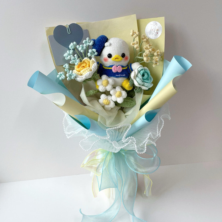 handicroft handmade crochet flower bouquet blue and yellow donald duck chubby charm