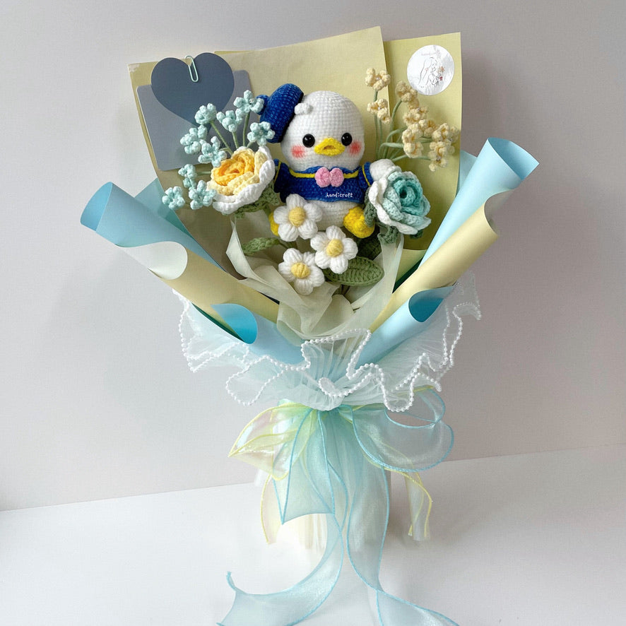 handicroft handmade crochet flower bouquet blue and yellow donald duck chubby charm