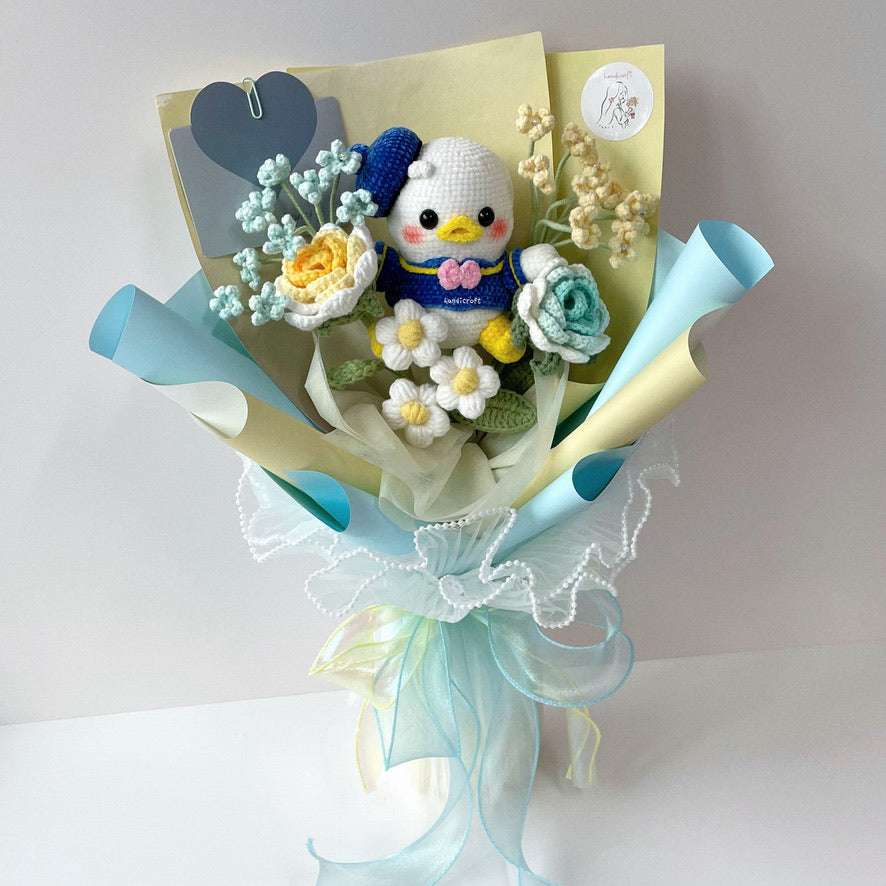 handicroft handmade crochet flower bouquet blue and yellow donald duck chubby charm