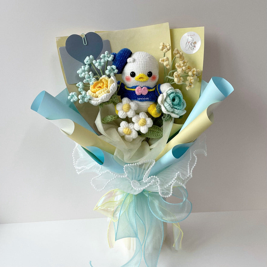 handicroft handmade crochet flower bouquet blue and yellow donald duck chubby charm