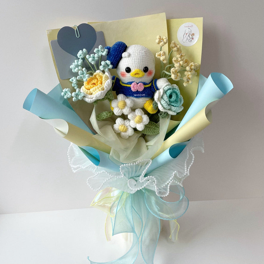 handicroft handmade crochet flower bouquet blue and yellow donald duck chubby charm