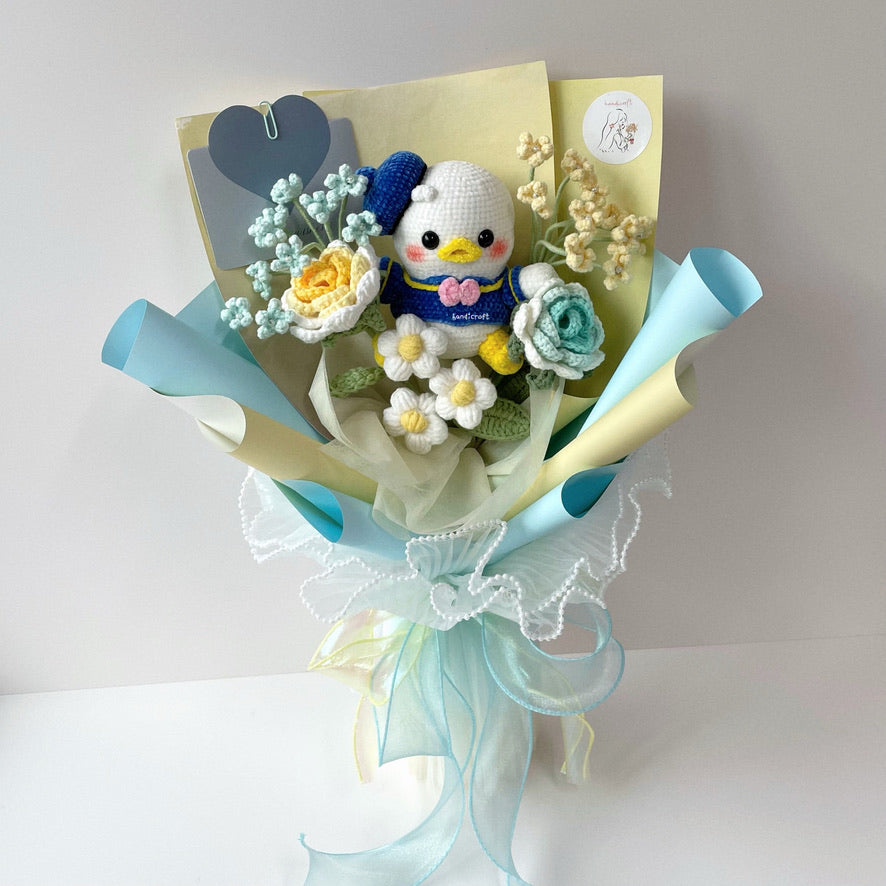 handicroft handmade crochet flower bouquet blue and yellow donald duck chubby charm