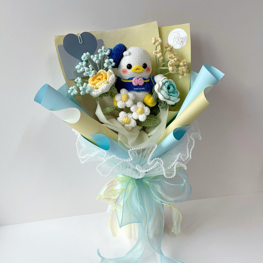handicroft handmade crochet flower bouquet blue and yellow donald duck chubby charm
