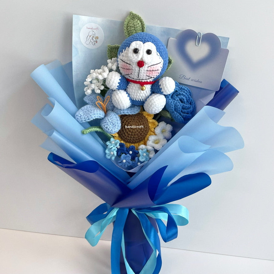 handicroft handmade crochet flower bouquet doraemon’s pocket of blooms blue